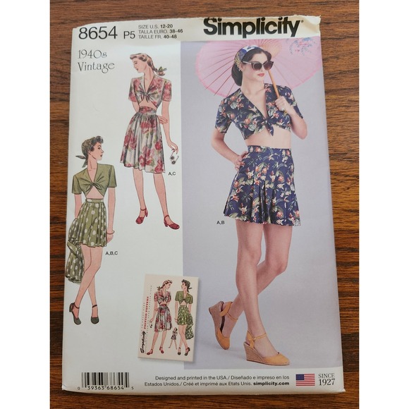 Simplicity Other - Simplicity 8654 1940s Sewing Pattern Tie Front Top Skirt Shorts Size 12-20